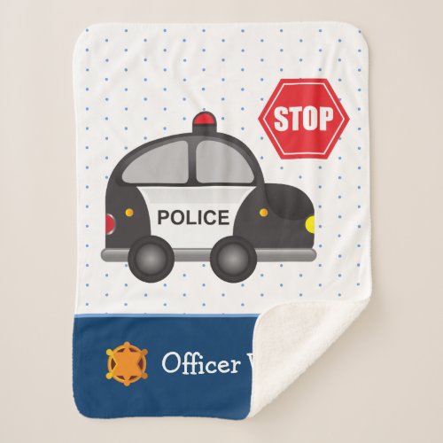 Little Boy Police Officer and Car Polka Dot Sherpa Blanket