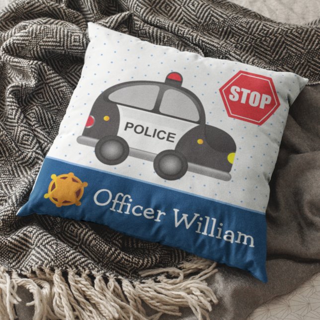 Little Boy Police Officer and Car Throw Pillow (Creator Uploaded)