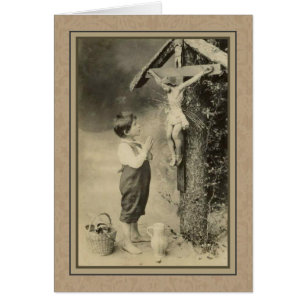 Little Boy praying to Jesus on the Cross Cards