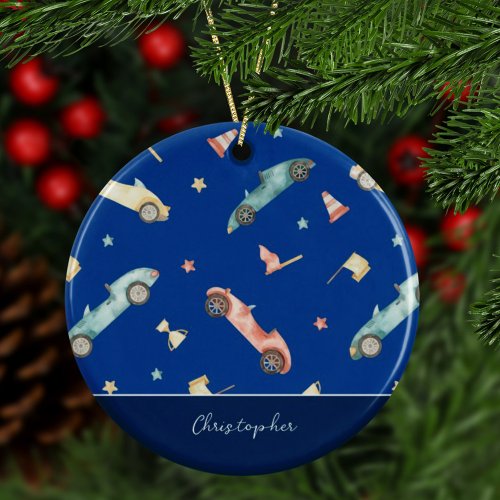 Little Boy Racing Car Watercolor Blue Christmas Ceramic Ornament