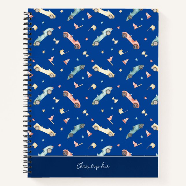 Little Boy Racing Car Watercolor Pattern on Blue Notebook (Front)