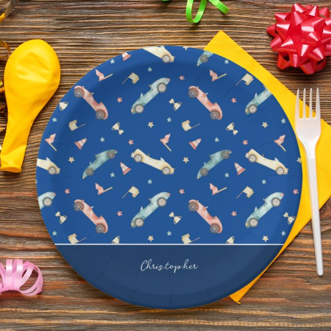 Little Boy Racing Car Watercolor Pattern on Blue Paper Plates (Creator Uploaded)