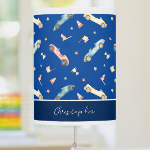 Little Boy Racing Car Watercolor Pattern on Blue Table Lamp