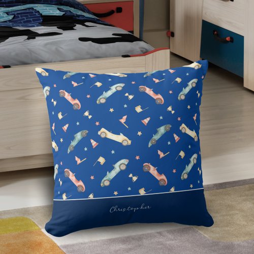 Little Boy Racing Car Watercolor Pattern on Blue Throw Pillow