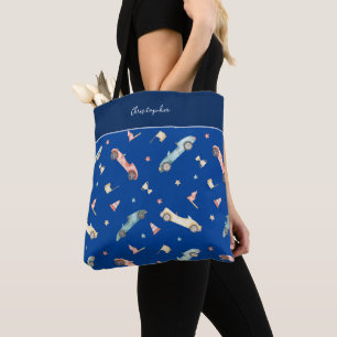 Little Boy Racing Car Watercolor Pattern on Blue Tote Bag