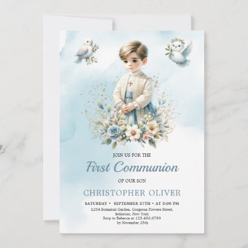 Little boy religious blue flowers First Communion Invitation