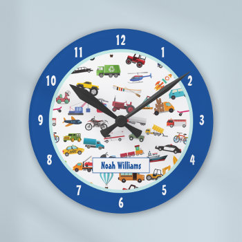 Little Boy Things That Move Vehicle Cars Kid Round Clock by SweetBelleDesigns at Zazzle