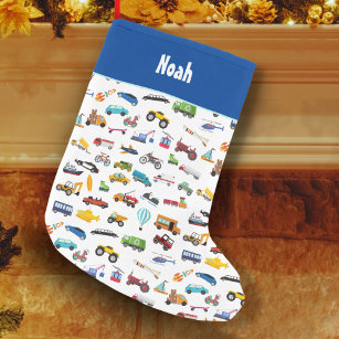 Boys Cute Blue Airplane Travel Design and Name Small Christmas Stocking