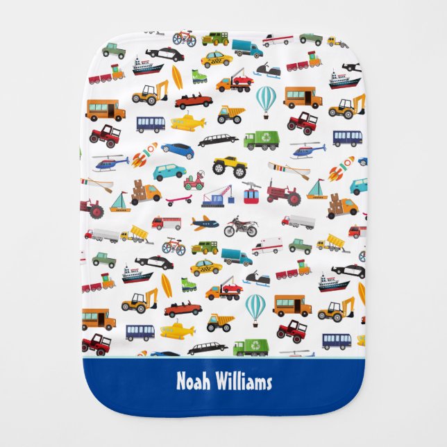 Little Boy Things That Move Vehicle Cars Pattern Baby Burp Cloth (Front)