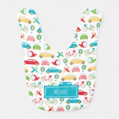 Little Boy Vehicle Pattern with First Name Baby Bib
