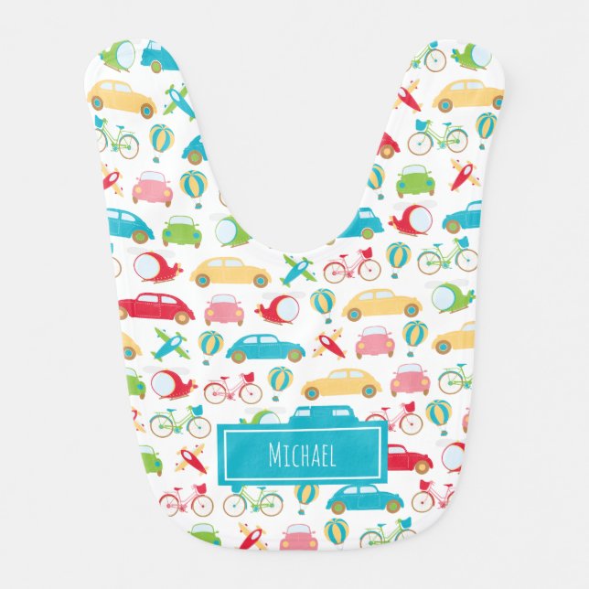 Little Boy Vehicle Pattern with First Name Baby Bib (Front)