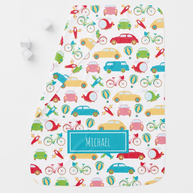 Little Boy Vehicle Pattern with First Name Baby Blanket (In Situ)