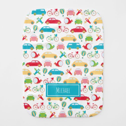 Little Boy Vehicle Pattern with First Name Baby Burp Cloth