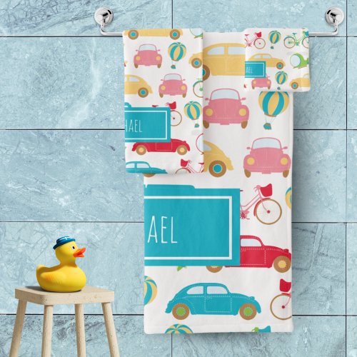 Little Boy Vehicle Pattern with First Name Bath Towel Set