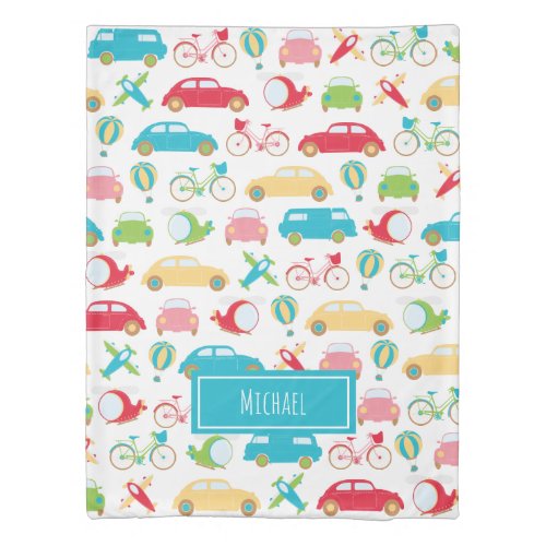 Little Boy Vehicle Pattern with First Name Duvet Cover
