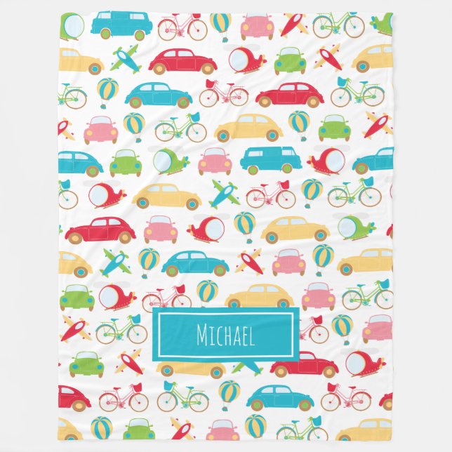 Little Boy Vehicle Pattern with First Name Fleece Blanket (Front)