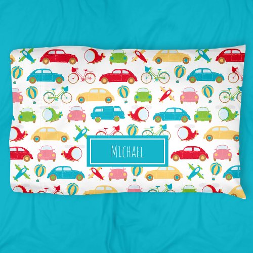 Little Boy Vehicle Pattern with First Name Pillow Case