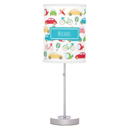 Little Boy Vehicle Pattern with First Name Table Lamp