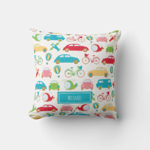 Little Boy Vehicle Pattern with First Name Throw Pillow