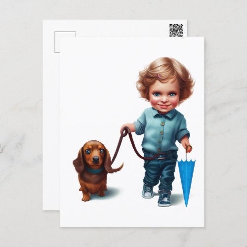 Little Boy Walking his Dachshund Postcard Art