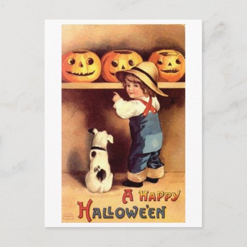 Little Boy with Dog and Pumpkins Postcard