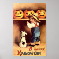 Little Boy with Dog and Pumpkins Poster