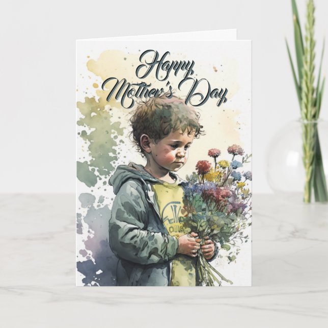 Little Boy With Flower Bouquet, Mothers Day Card (Front)