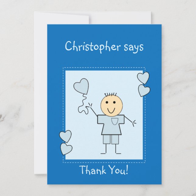 Little boy with name and hearts blue thank you card (Front)