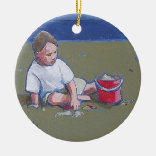 Little Boy with Sandcastle and Beach Bucket Ceramic Ornament