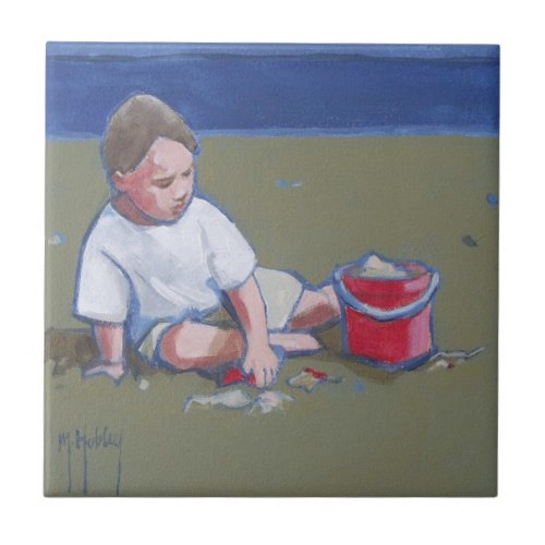 Little Boy with Sandcastle and Beach Bucket Ceramic Tile