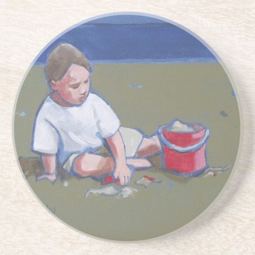 Little Boy with Sandcastle and Beach Bucket Sandstone Coaster