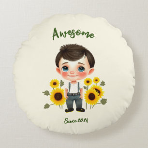 Little boy with sunflowers round pillow