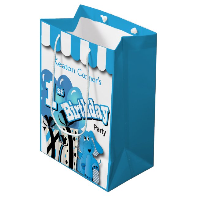 Little Boy's 1st Blue Elephant Birthday Medium Gift Bag (Front Angled)