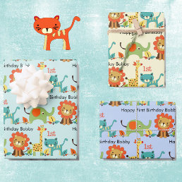 Little Boy&#39;s Birthday Name &amp; Age Lion Giraffe 3 Wrapping Paper Sheets