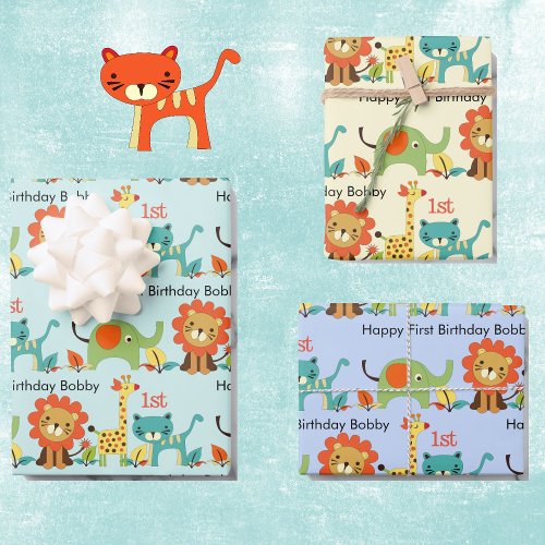 Little Boys Birthday Name  Age Lion Giraffe 3 Wrapping Paper Sheets