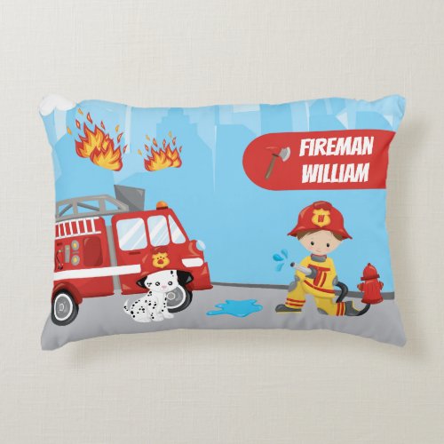 Little Boys Cartoon Fireman with First Name Accent Pillow