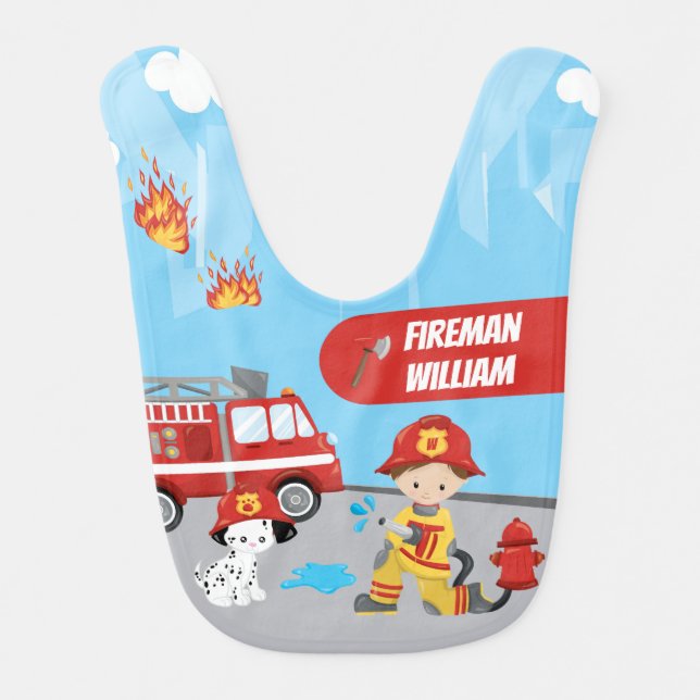 Little Boy's Cartoon Fireman with First Name Baby Bib (Front)