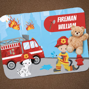 Little Boy's Cartoon Fireman with First Name Baby Blanket