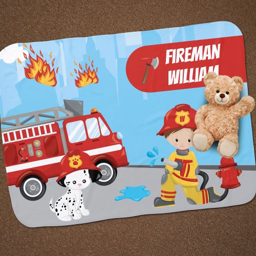 Little Boys Cartoon Fireman with First Name Baby Blanket