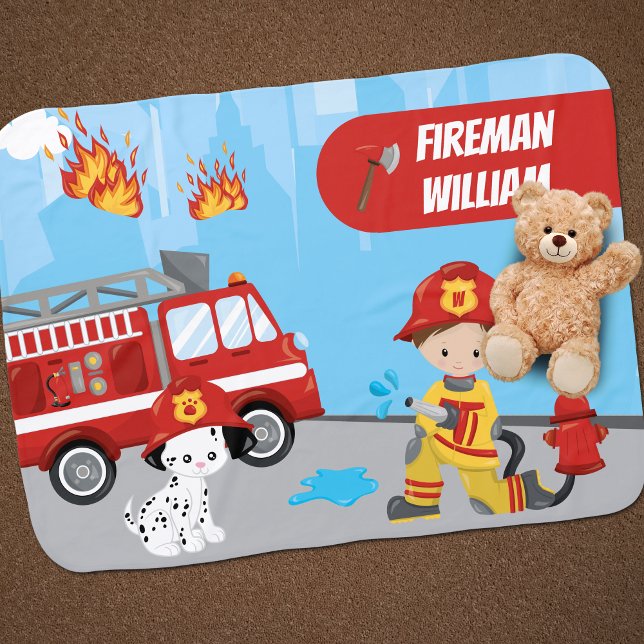 Little Boy's Cartoon Fireman with First Name Baby Blanket (Creator Uploaded)