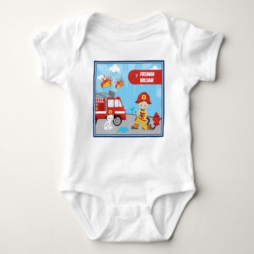 Little Boys Cartoon Fireman with First Name Baby Bodysuit