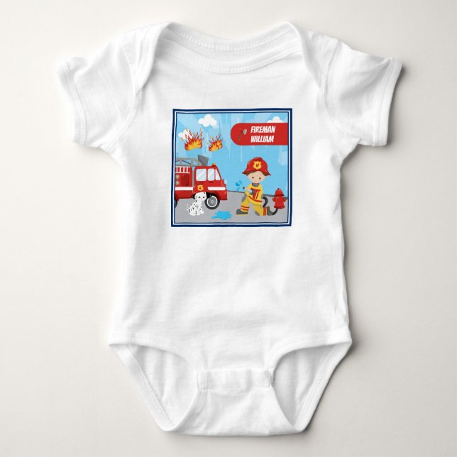 Little Boy's Cartoon Fireman with First Name Baby Bodysuit (Front)