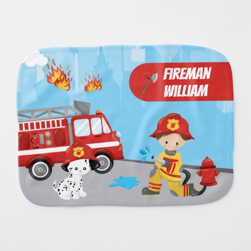 Little Boys Cartoon Fireman with First Name Baby Burp Cloth
