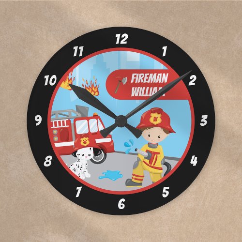 Little Boys Cartoon Fireman with First Name Black Round Clock