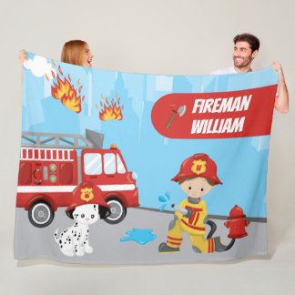 Little Boy's Cartoon Fireman with First Name Fleece Blanket