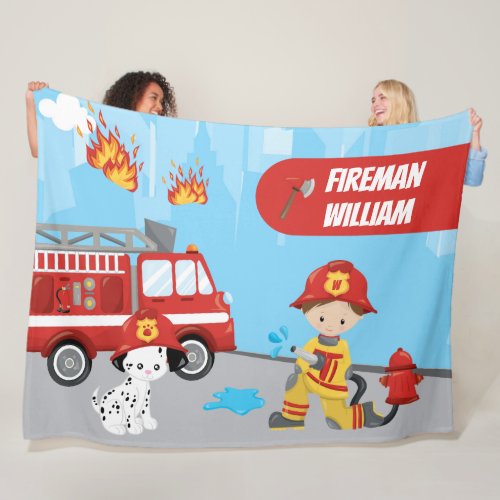 Little Boys Cartoon Fireman with First Name Fleece Blanket