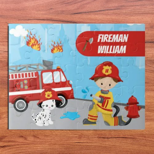 Little Boys Cartoon Fireman with First Name Jigsaw Puzzle