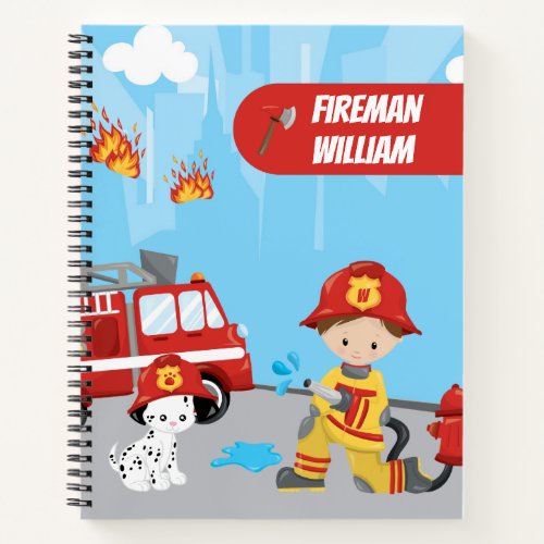 Little Boys Cartoon Fireman with First Name Notebook
