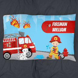 Little Boy&#39;s Cartoon Fireman with First Name Pillow Case