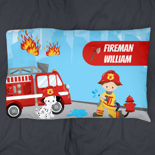 Little Boy's Cartoon Fireman with First Name Pillow Case